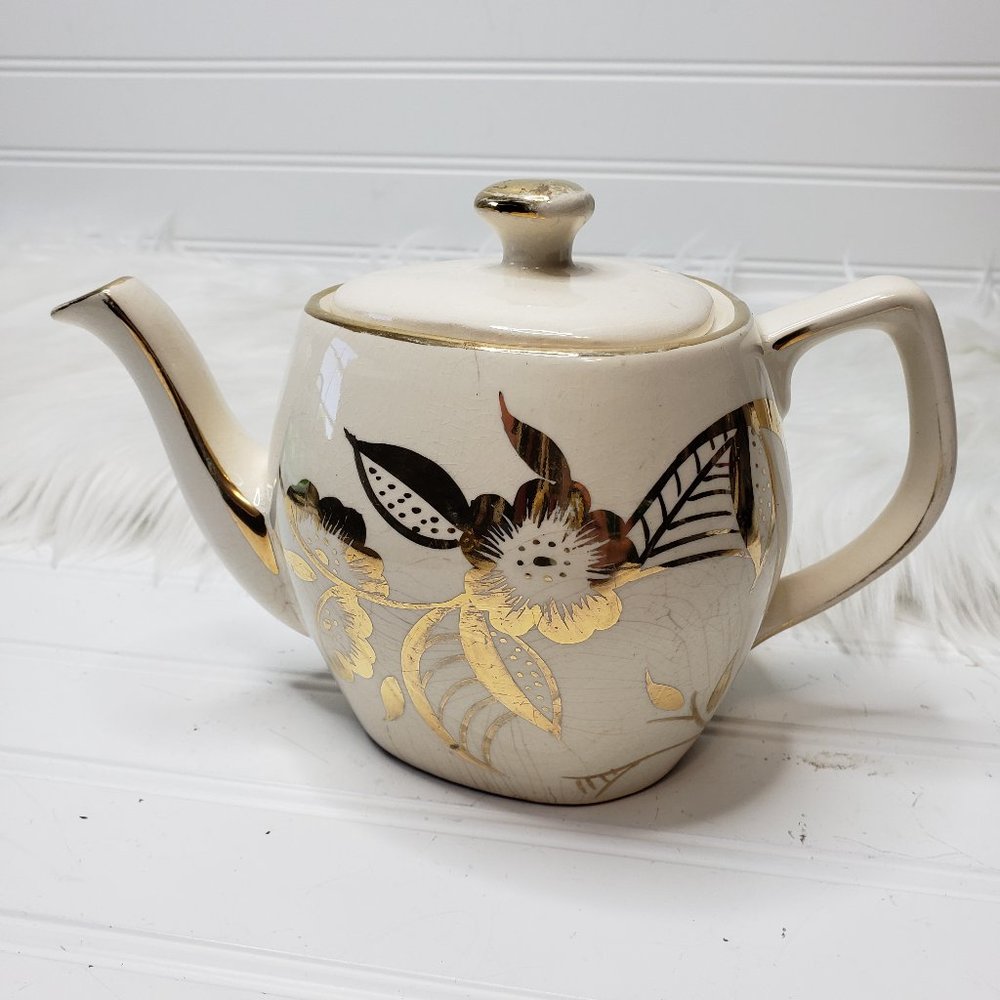 Vintage Price Bros. Cream Teapot With Gold Flowers, Made in England